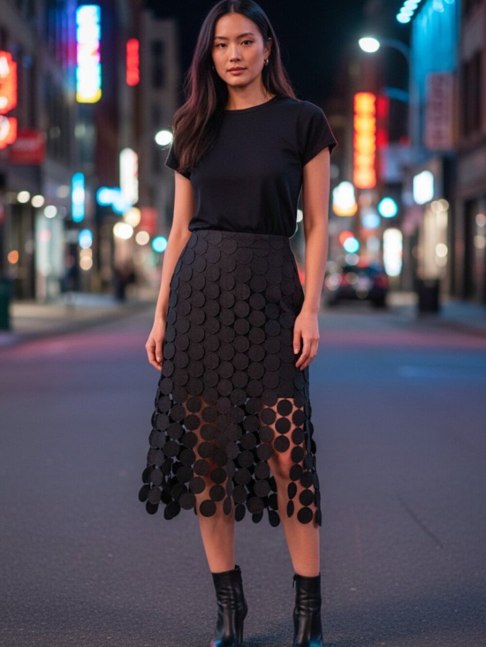 COMMENSE Black Circle Disc Laser Cut Midi Skirt Statement A-Line Lined Side Zip